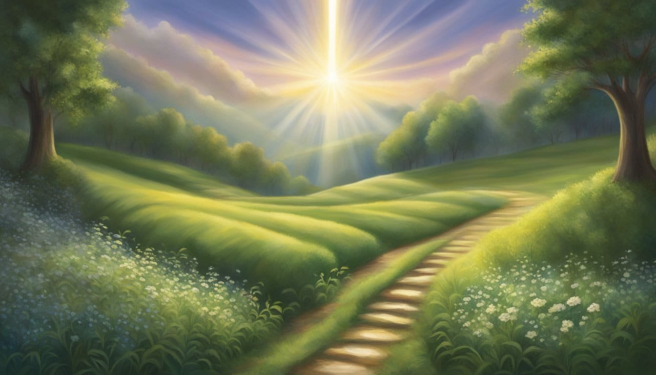 A beam of light shines down from the heavens, illuminating a path through a lush, peaceful landscape. The words "Heavenly Father, may Your will be done in my life" appear in the sky, surrounded by a sense of divine presence