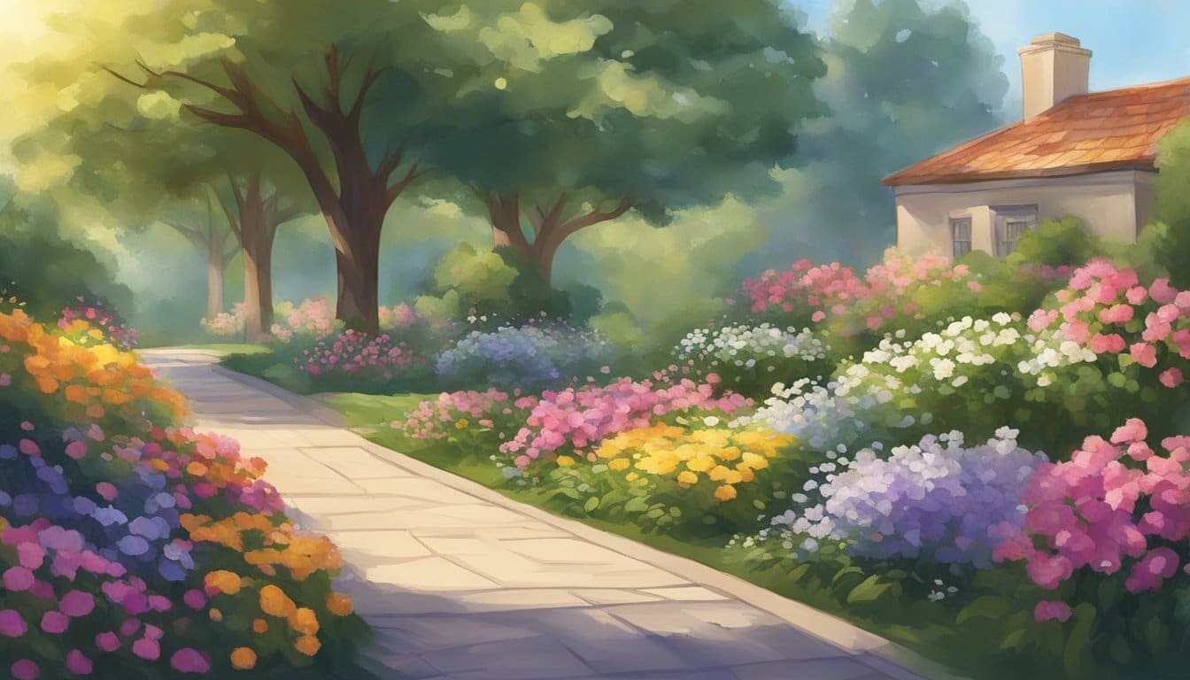 A serene, sunlit garden with colorful flowers and a gentle breeze. A sense of calm and contentment fills the air