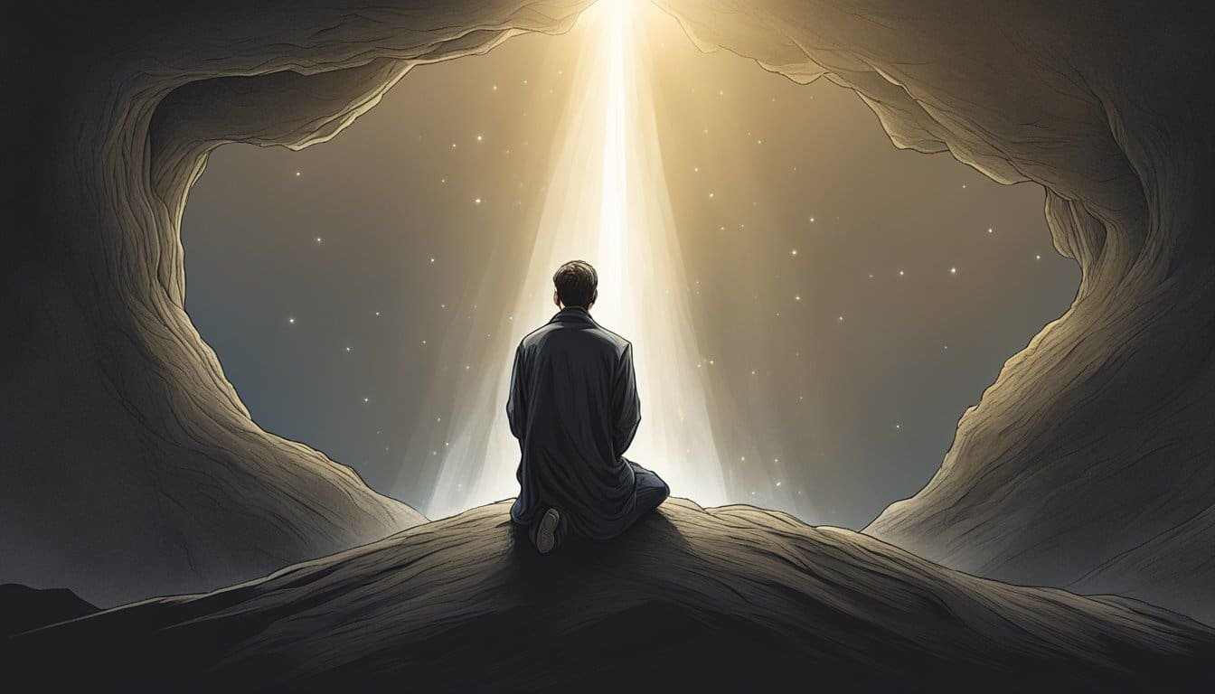 A figure stands in a beam of light, head bowed in prayer. The surrounding darkness contrasts with the hopeful words of James 1:3, creating a sense of inner strength and resolve