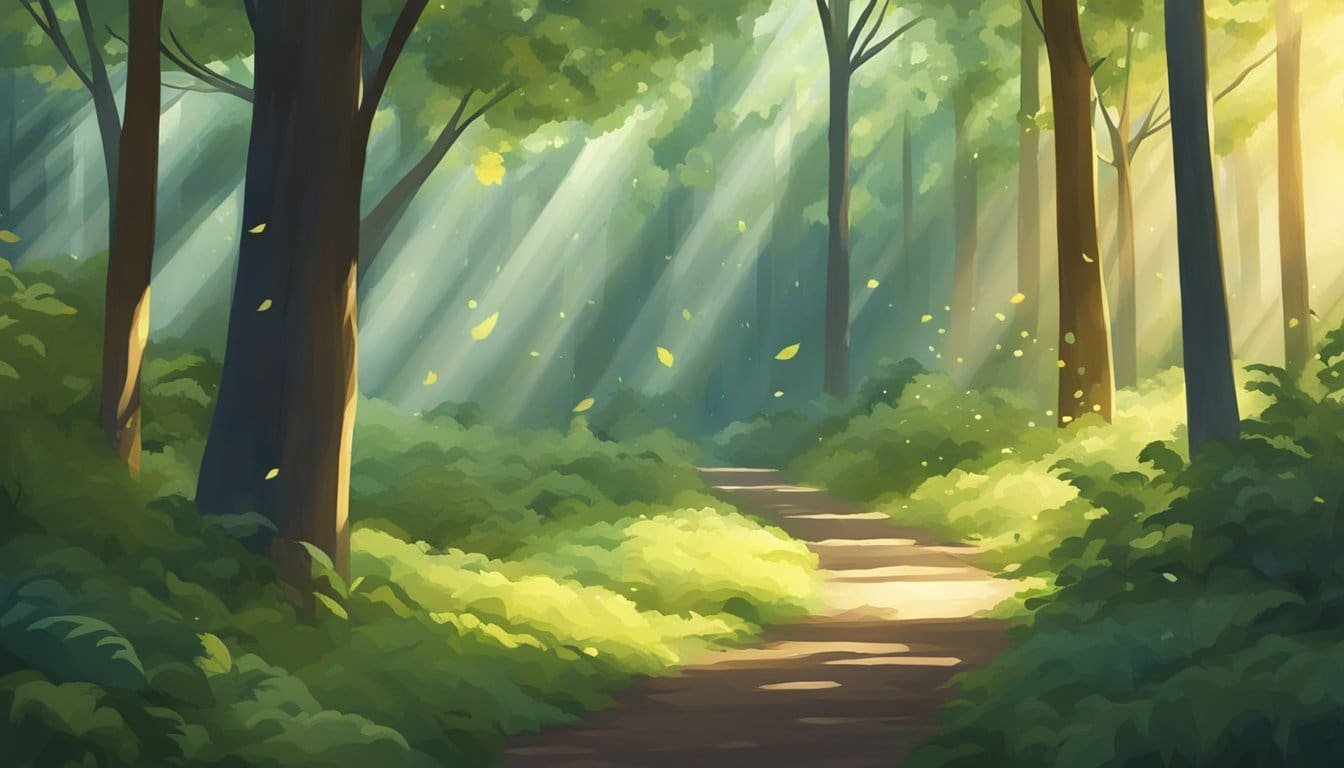 A beam of light shines down from the heavens, illuminating a path through a dense forest. The air is still, and the only sound is the gentle rustling of leaves in the wind