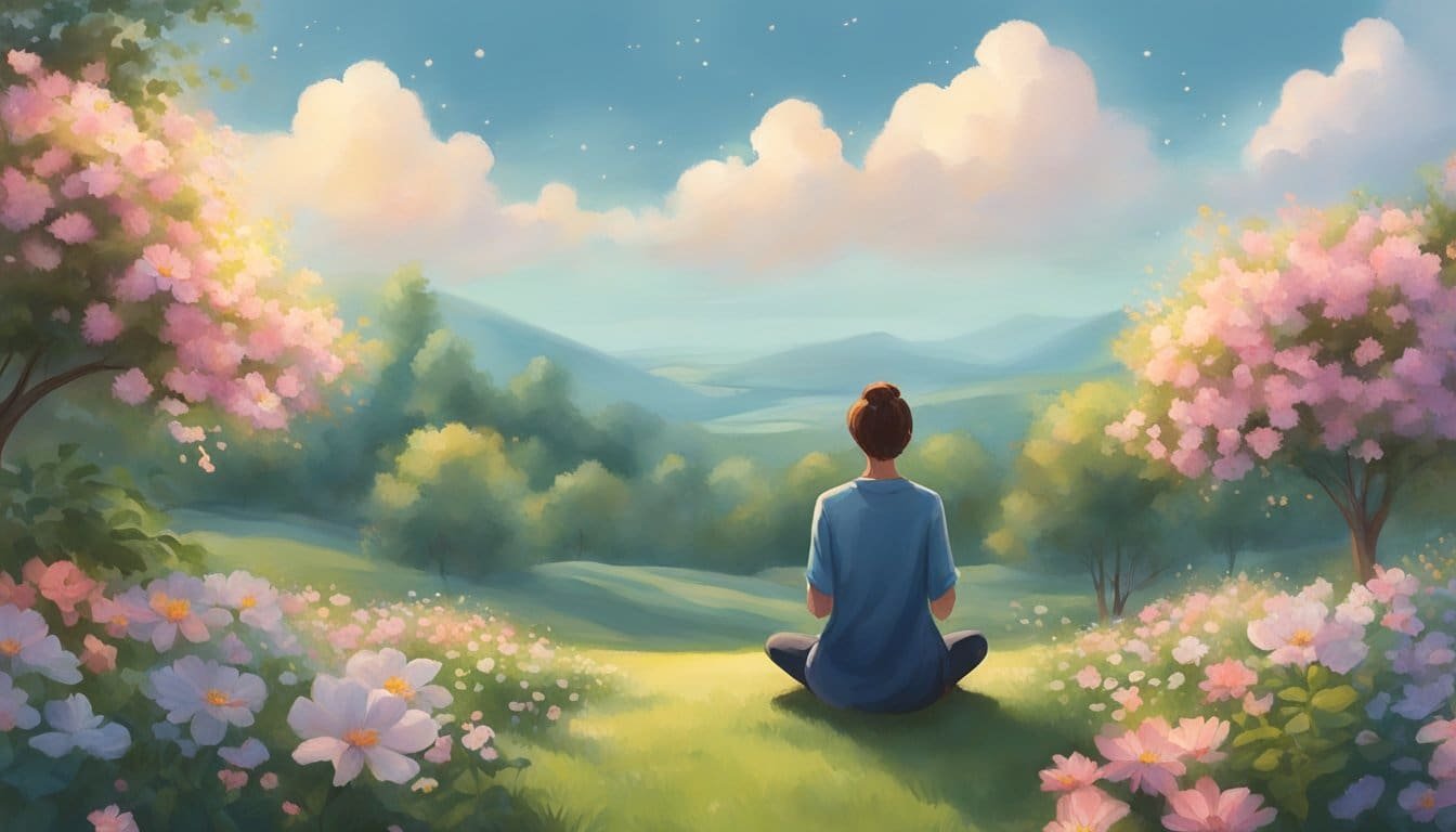 A person kneeling in a peaceful garden, surrounded by blooming flowers and a serene atmosphere, looking up towards the sky with a sense of hope and longing for purpose