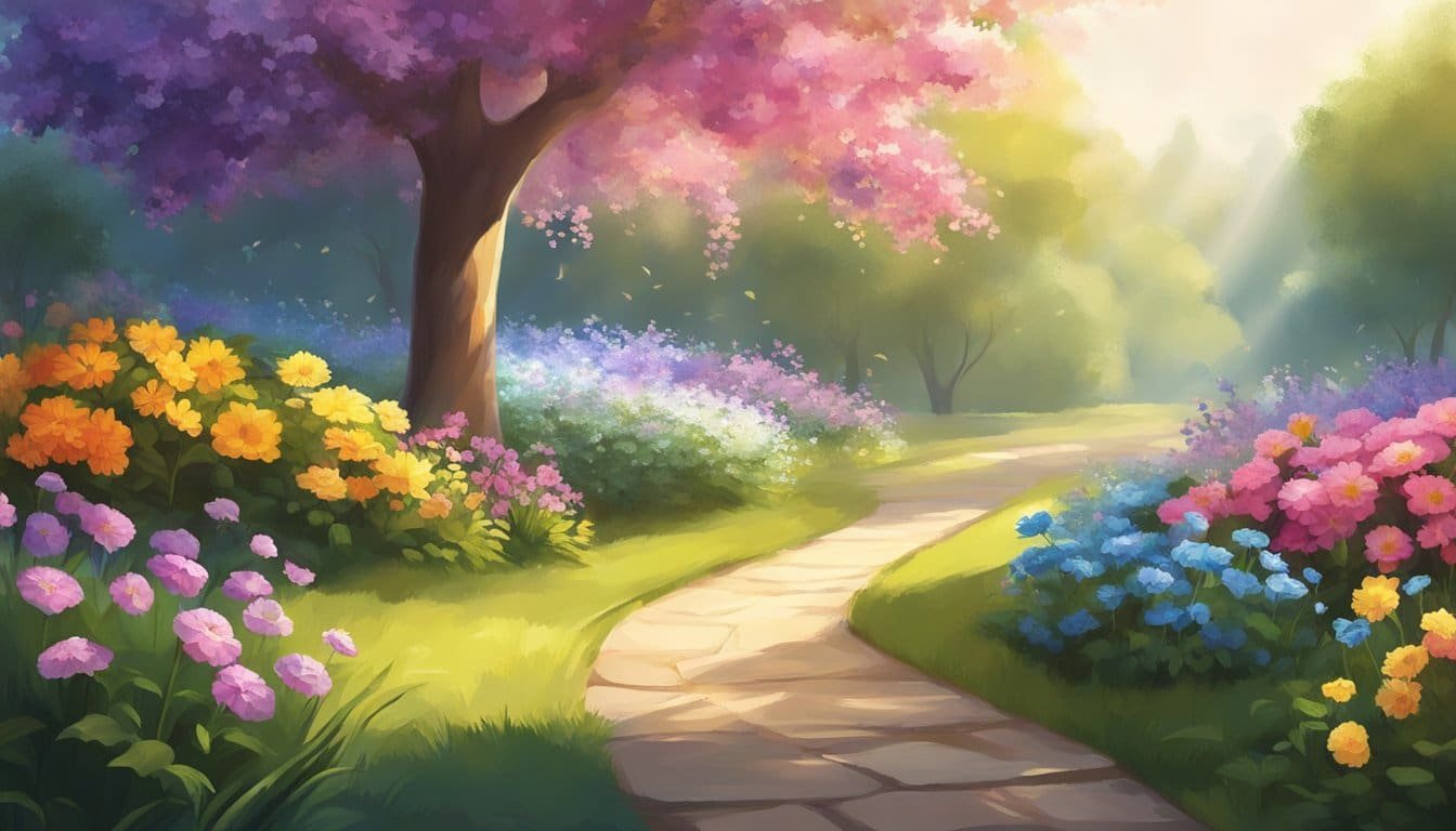 Colorful flowers blooming in a peaceful garden, with sunlight streaming through the trees. A gentle breeze carries the sound of birds singing, creating a serene and joyful atmosphere