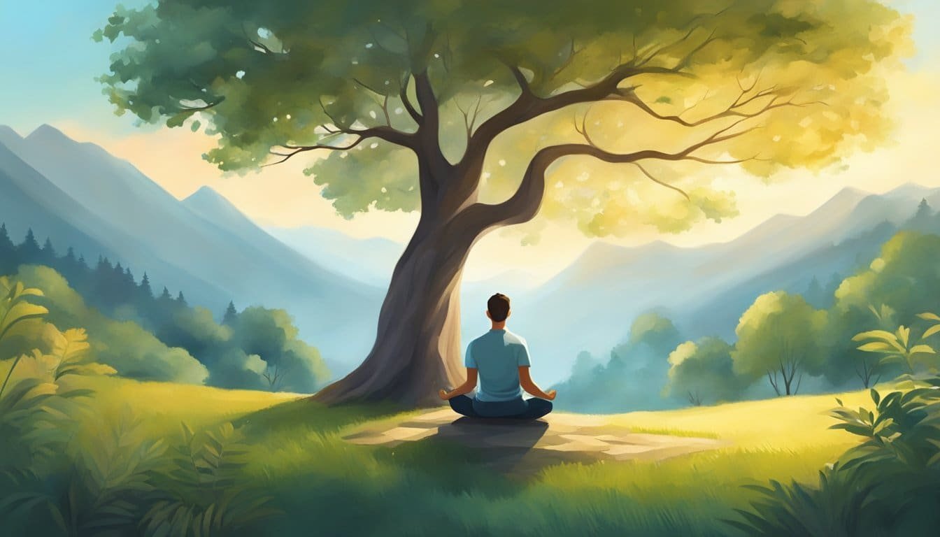 A serene landscape with a peaceful figure meditating under a tree, surrounded by nature and a sense of tranquility