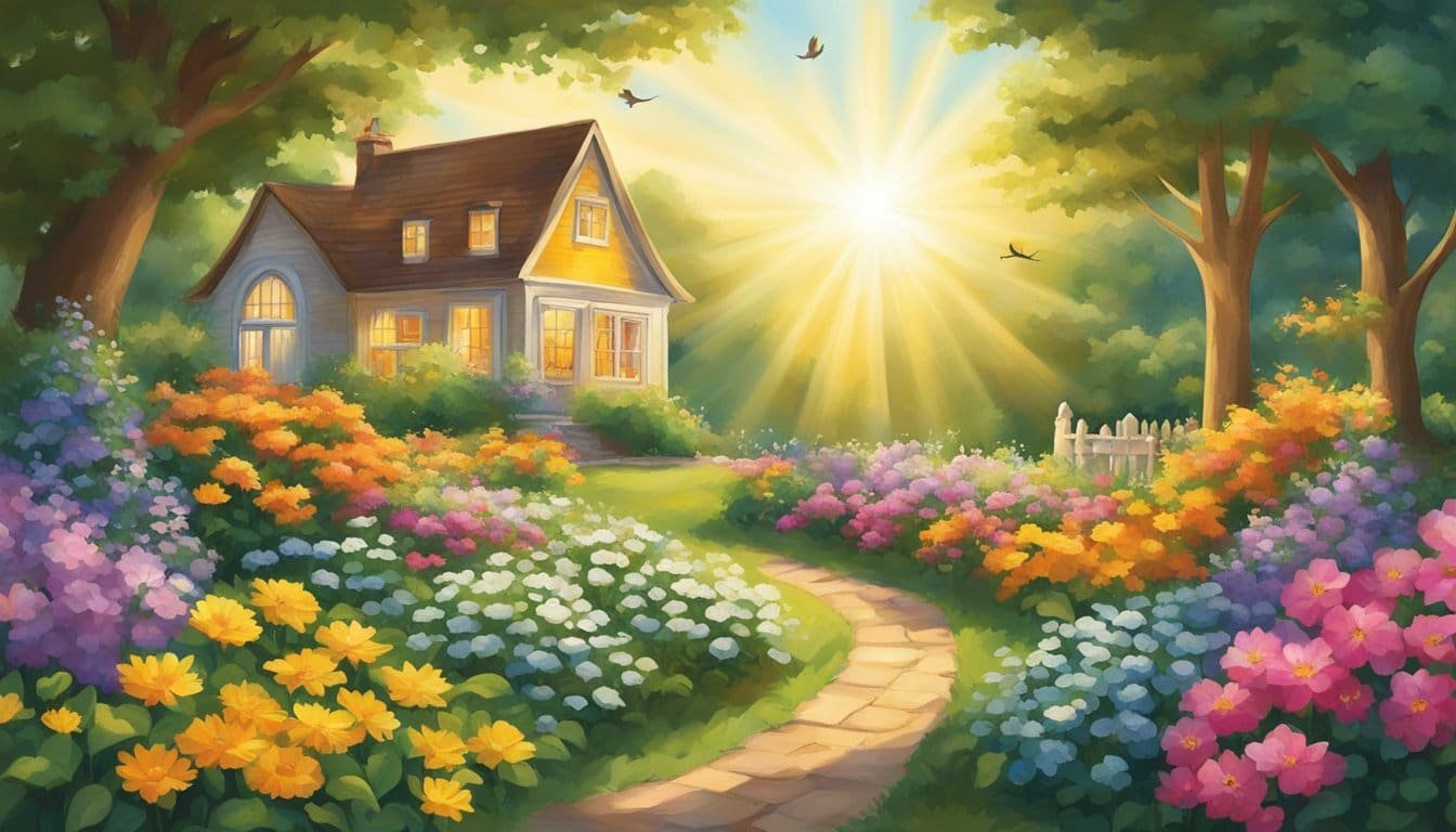 A radiant sunburst shines down on a lush garden, where vibrant flowers bloom and birds sing joyfully. The scene exudes a sense of peace and happiness, capturing the essence of the verse