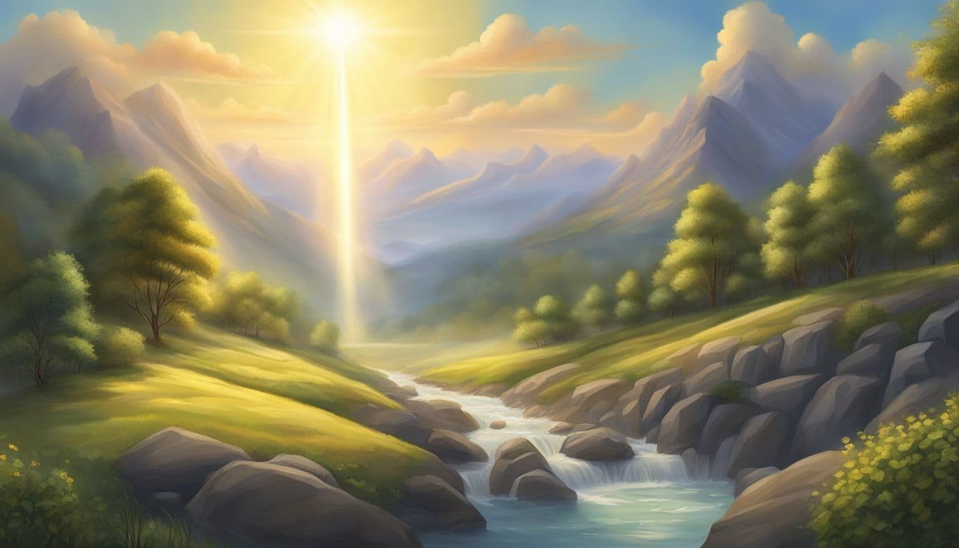 A radiant light shines down from the heavens, illuminating a peaceful landscape. The air is filled with a sense of gratitude and serenity, as if a divine blessing has been bestowed upon the earth