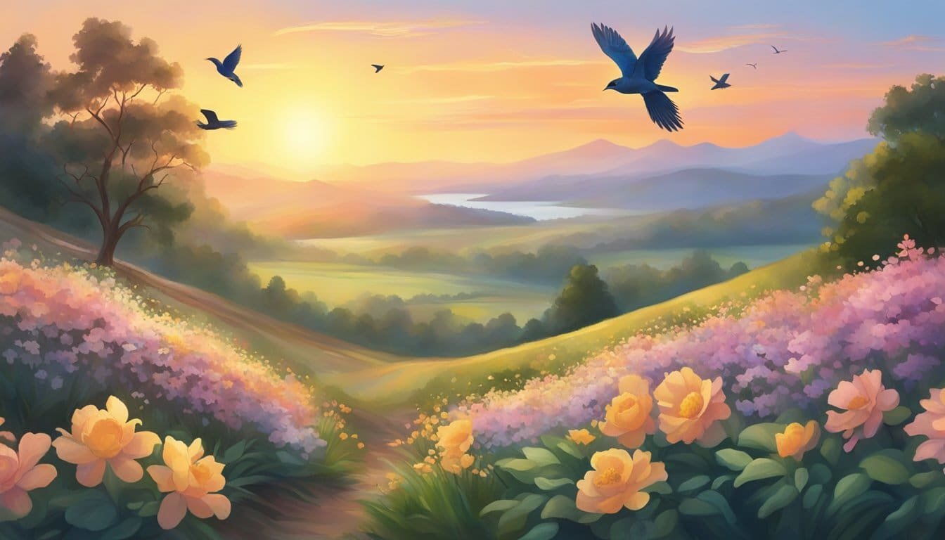 Sunrise over serene landscape, birds singing, flowers blooming, and a sense of peace and gratitude filling the air