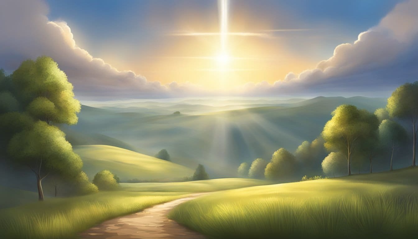 A serene landscape with a radiant beam of light shining down from the heavens, illuminating the surroundings with a sense of peace and guidance