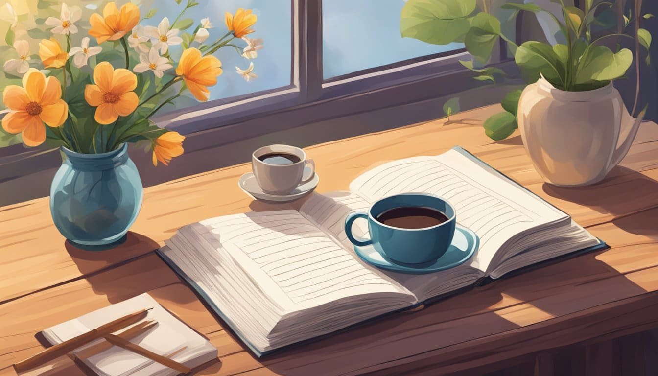 A cozy journal open on a wooden table, surrounded by a warm cup of tea, a flickering candle, and a vase of fresh flowers