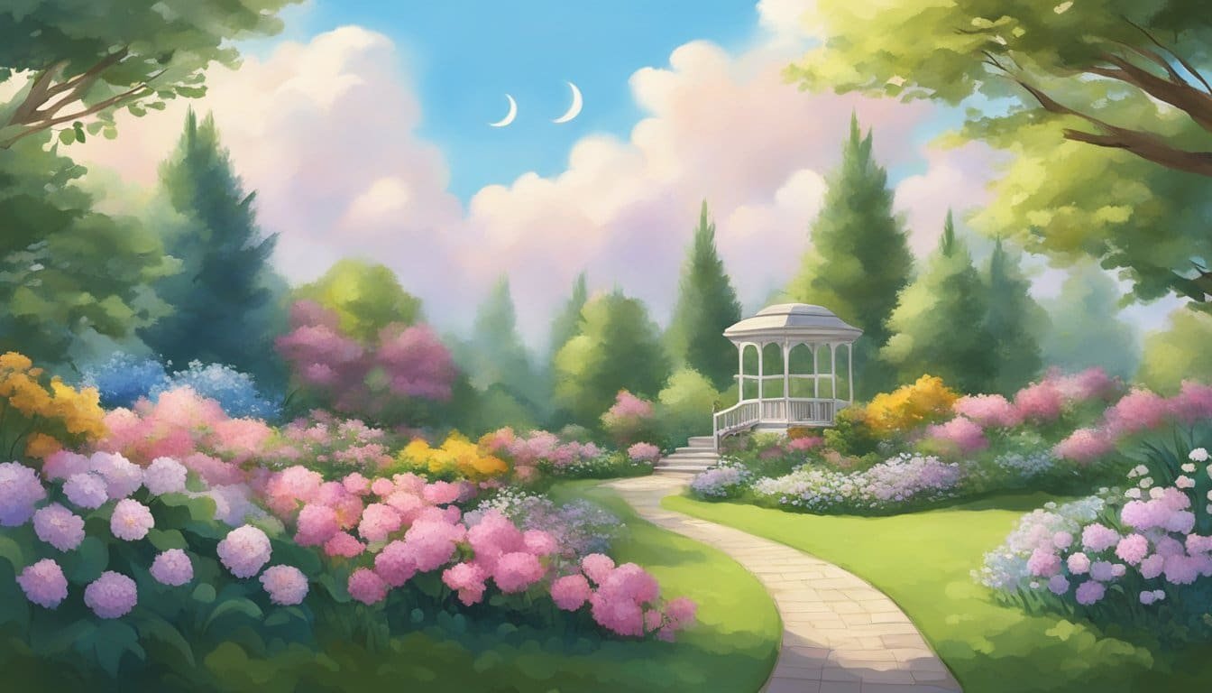 A serene garden with blooming flowers and a peaceful sky, evoking a sense of hope and patience