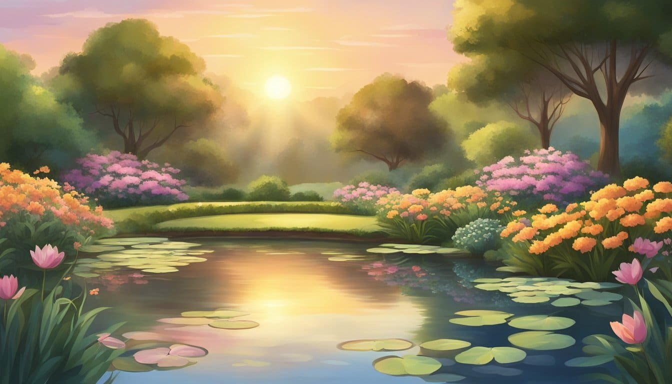 A tranquil garden with blooming flowers, a peaceful pond, and a setting sun casting a warm glow over the landscape
