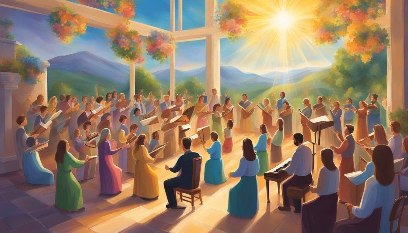 Vibrant music fills a sunlit room, as the word of Christ dwells richly within. Psalms and hymns are sung, creating a joyful and spiritual atmosphere
