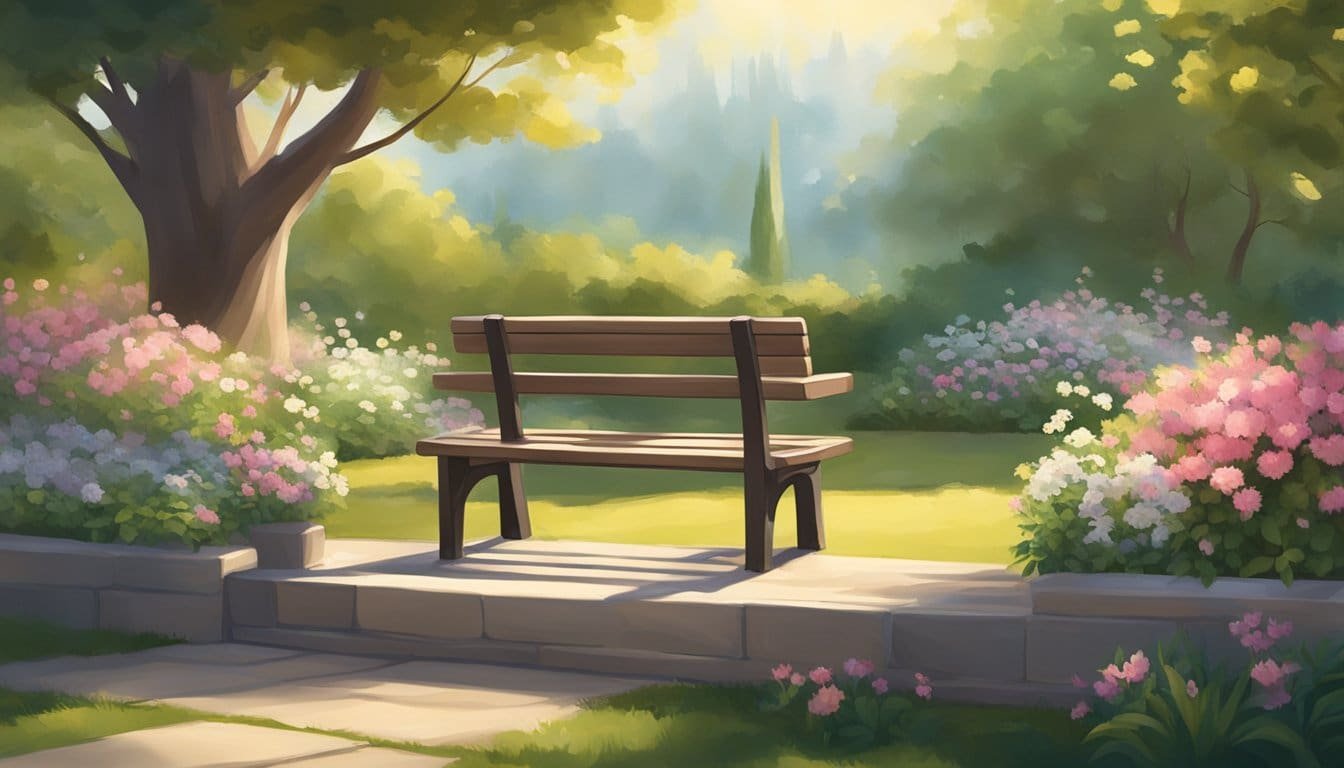 A serene, sunlit garden with a peaceful atmosphere, featuring a bench surrounded by blooming flowers and a gentle breeze, creating a sense of tranquility and contemplation