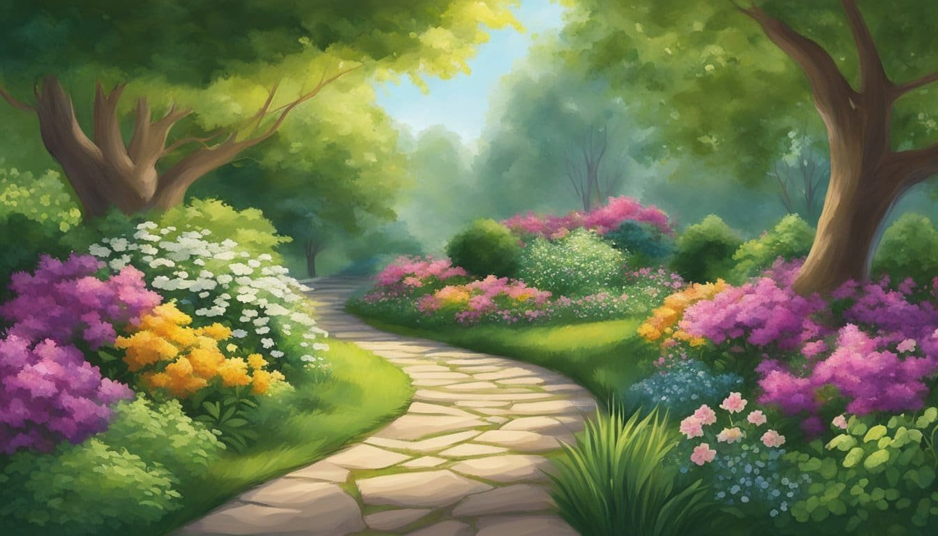 A serene path winds through a lush garden, leading to a radiant presence emanating joy and peace