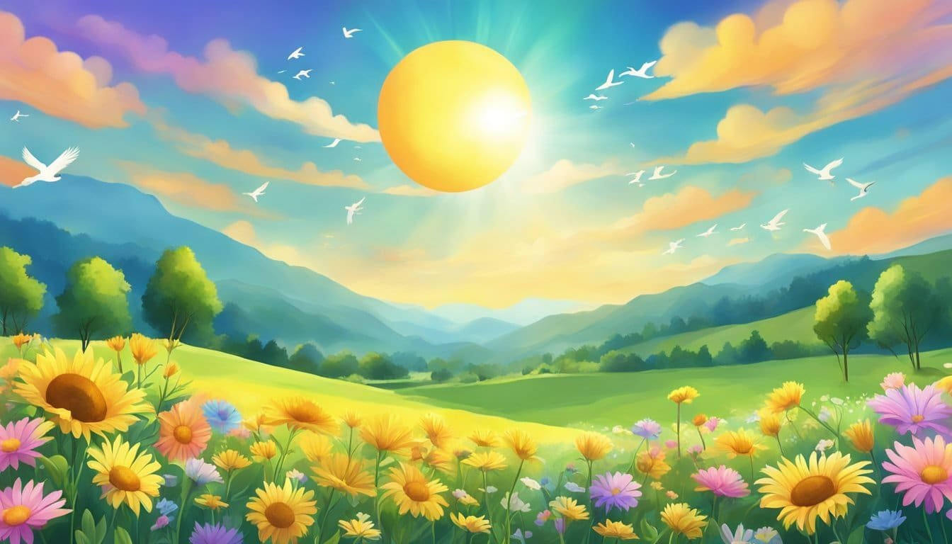 A radiant sun shining over a peaceful meadow, with colorful flowers blooming and birds singing joyfully in the sky