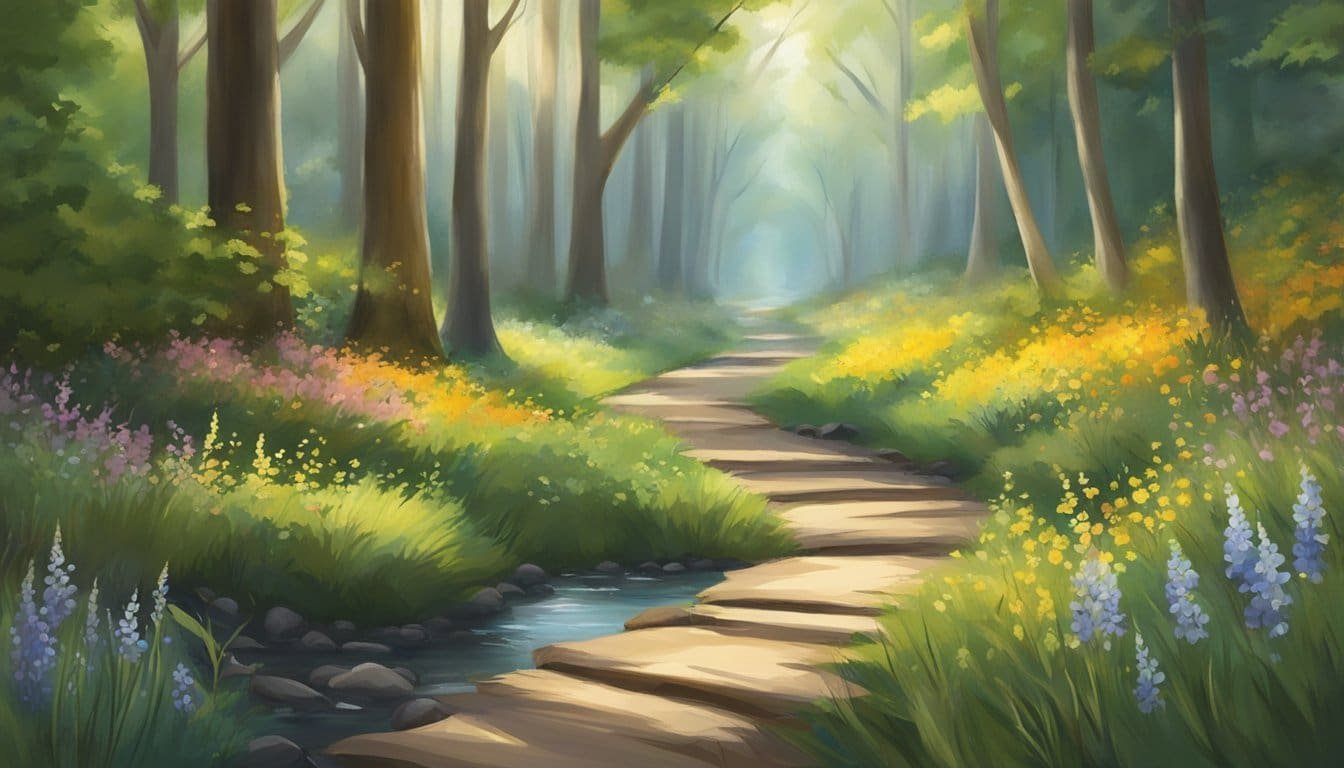 A serene path winds through a tranquil forest, sunlight filtering through the trees. A small stream gurgles nearby as birds chirp overhead. Wildflowers bloom along the path, adding bursts of color to the peaceful scene