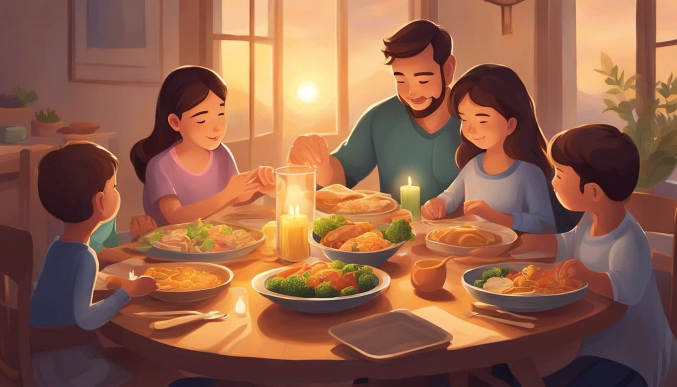 A table set with a simple meal, surrounded by a family holding hands in prayer, with a warm, glowing light shining down on the food