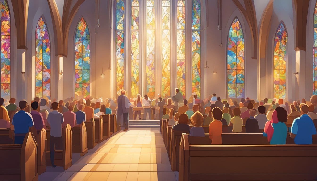 People gathered in a sunlit church, singing hymns with joy. Sunlight streams through stained glass, casting colorful patterns on the pews