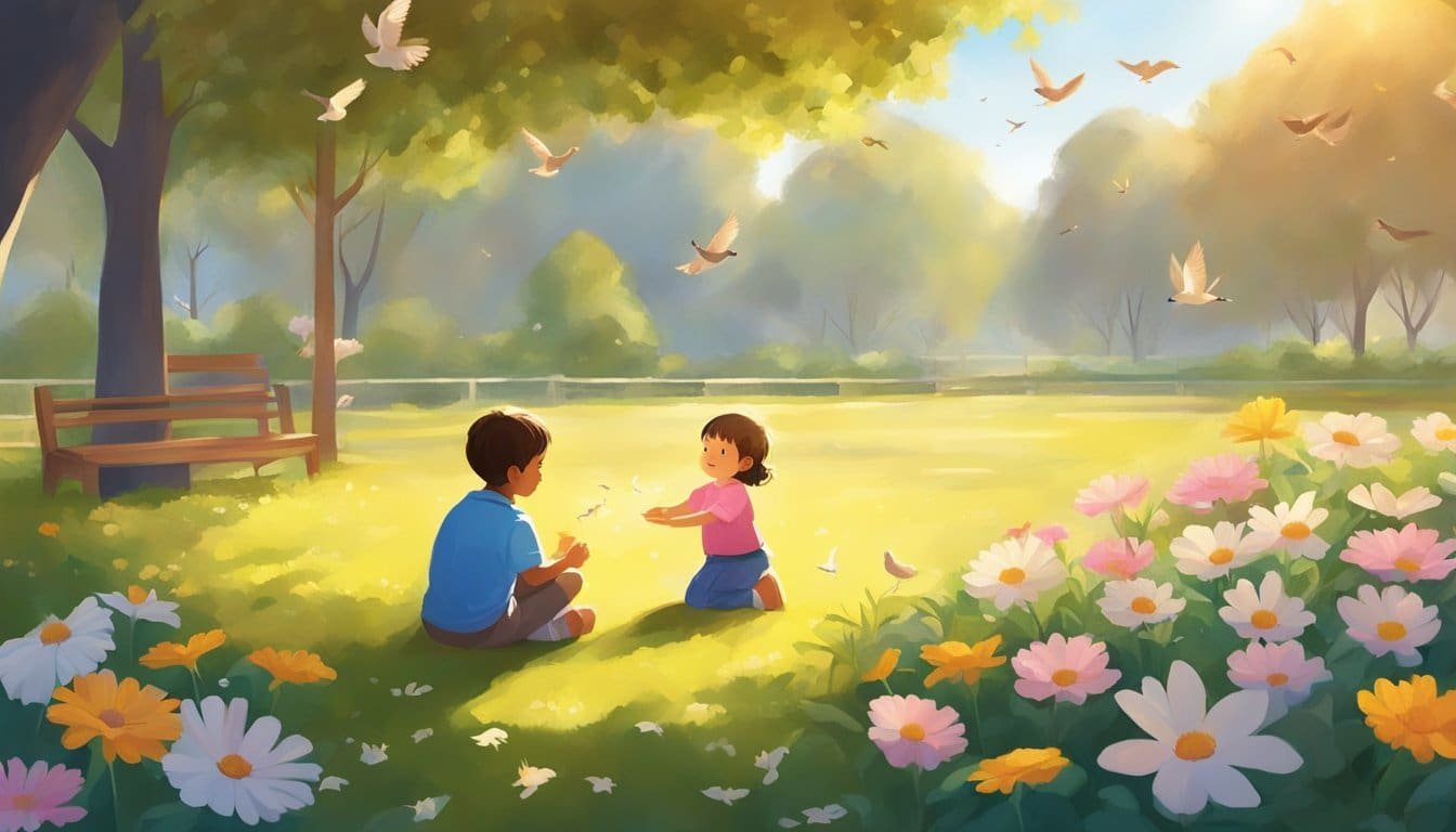 A child feeding birds in a park, surrounded by blooming flowers and a gentle breeze. The sun is shining, casting a warm glow over the scene