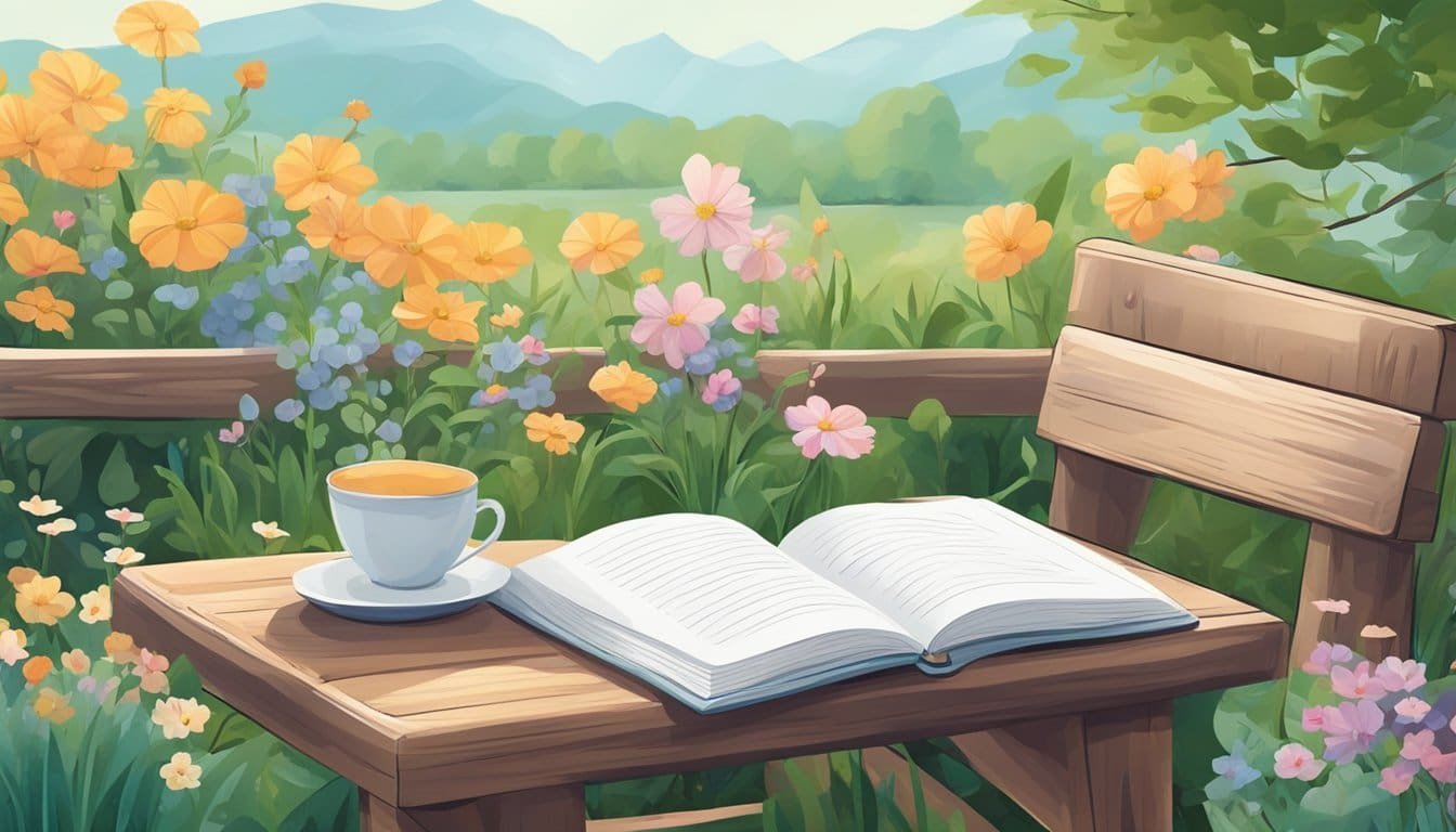 A serene garden with blooming flowers and a gentle breeze. A journal open on a wooden bench, surrounded by nature's beauty