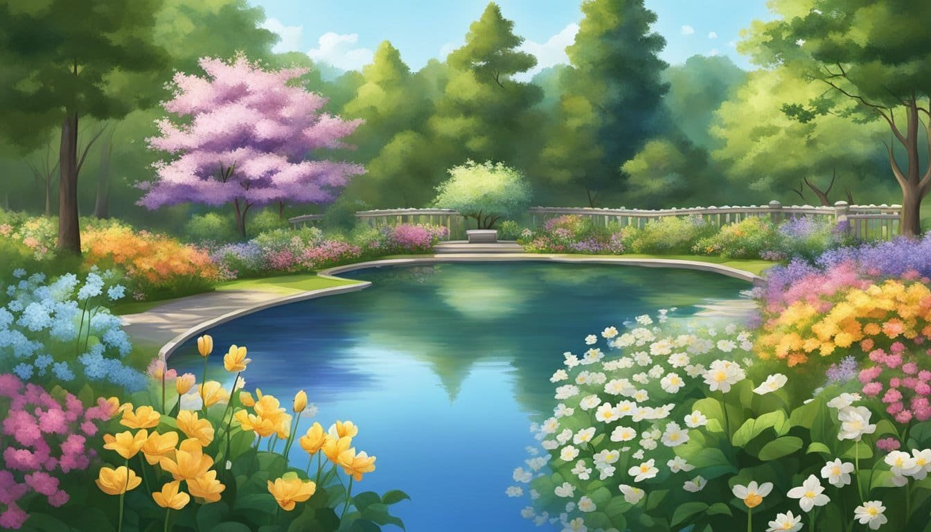 A serene garden with blooming flowers and a peaceful pond, surrounded by tall trees and a clear blue sky