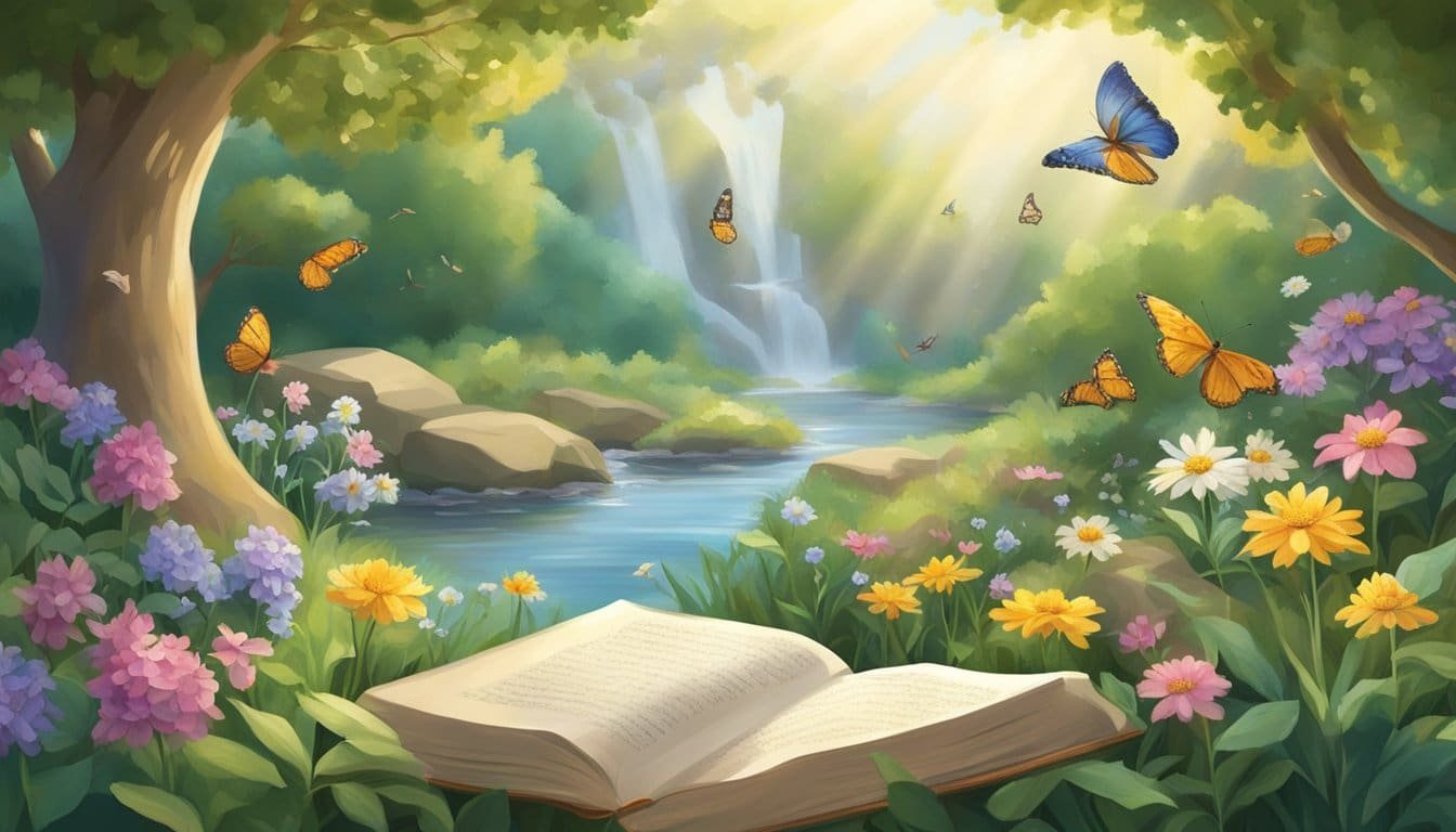 A serene garden with a peaceful stream, blooming flowers, and a gentle breeze. A sunbeam illuminates an open book of Psalms 10, surrounded by birds singing and butterflies dancing