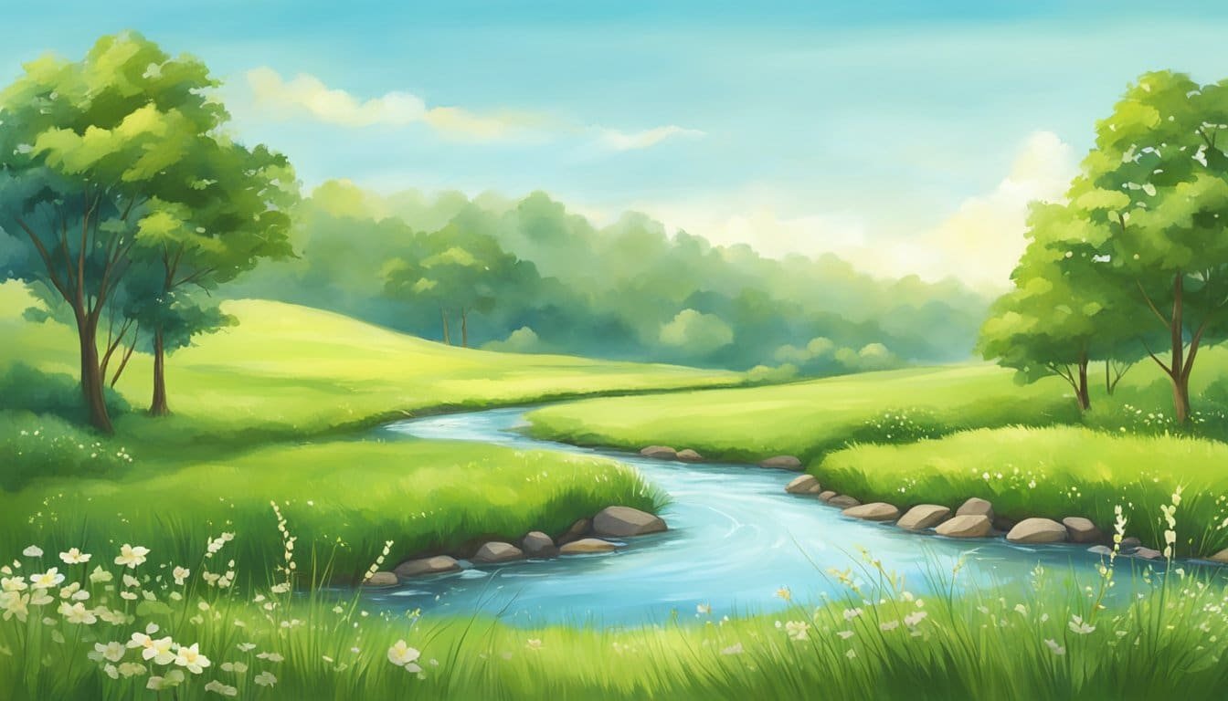 A peaceful meadow with a gentle stream, surrounded by lush greenery and a clear blue sky, symbolizing contentment and fulfillment