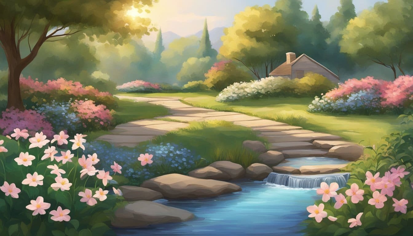 A serene garden with blooming flowers and a peaceful stream. A gentle breeze rustles the leaves as the sun casts a warm glow over the scene