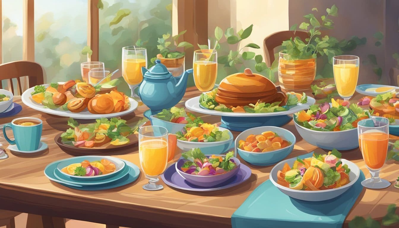 A table set with a colorful array of dishes and drinks, surrounded by smiling faces and warm conversation. A feeling of contentment and gratitude fills the air