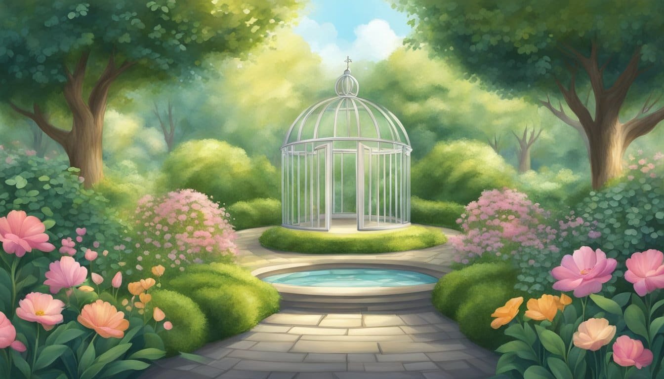 A serene garden with a protective shield above, symbolizing the peace of God guarding hearts and minds