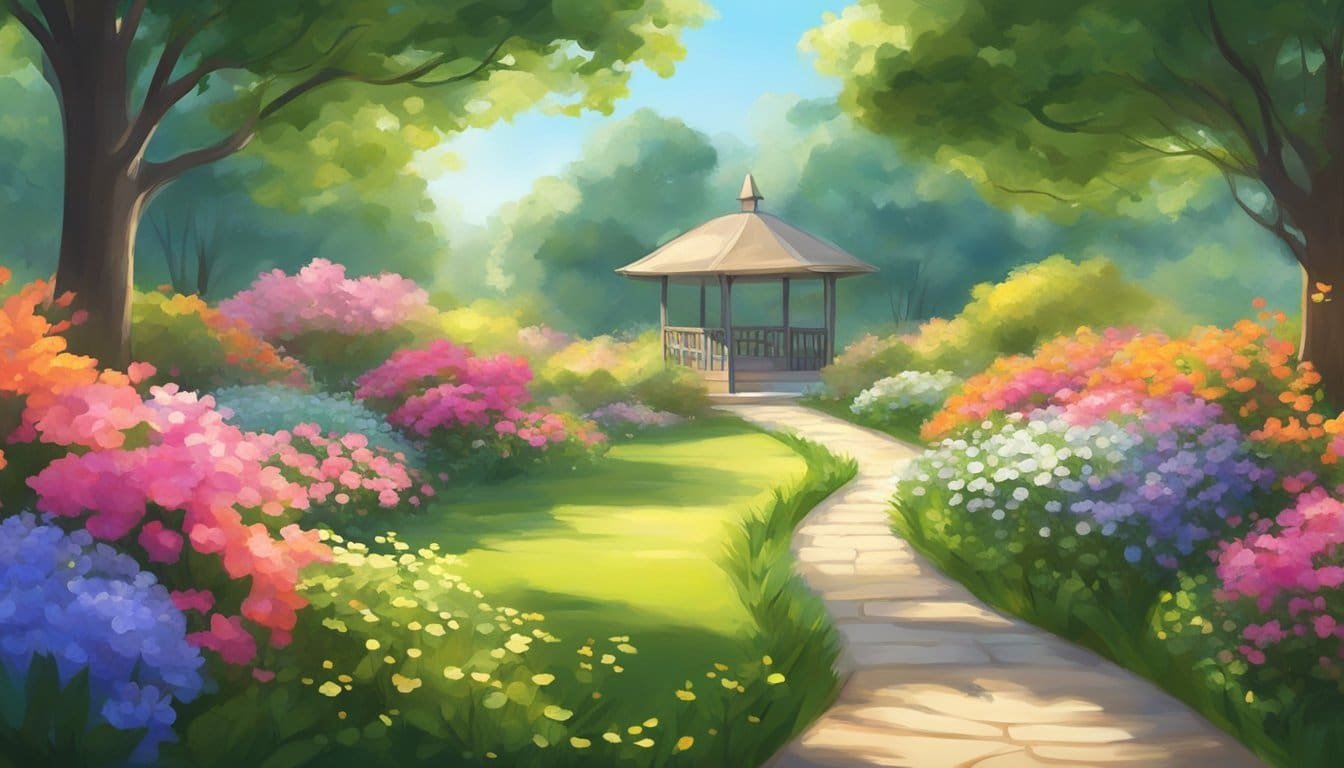 A serene garden with vibrant flowers and a gentle breeze, sunlight filtering through the trees. A peaceful atmosphere with a sense of tranquility and joy in the simple beauty of nature