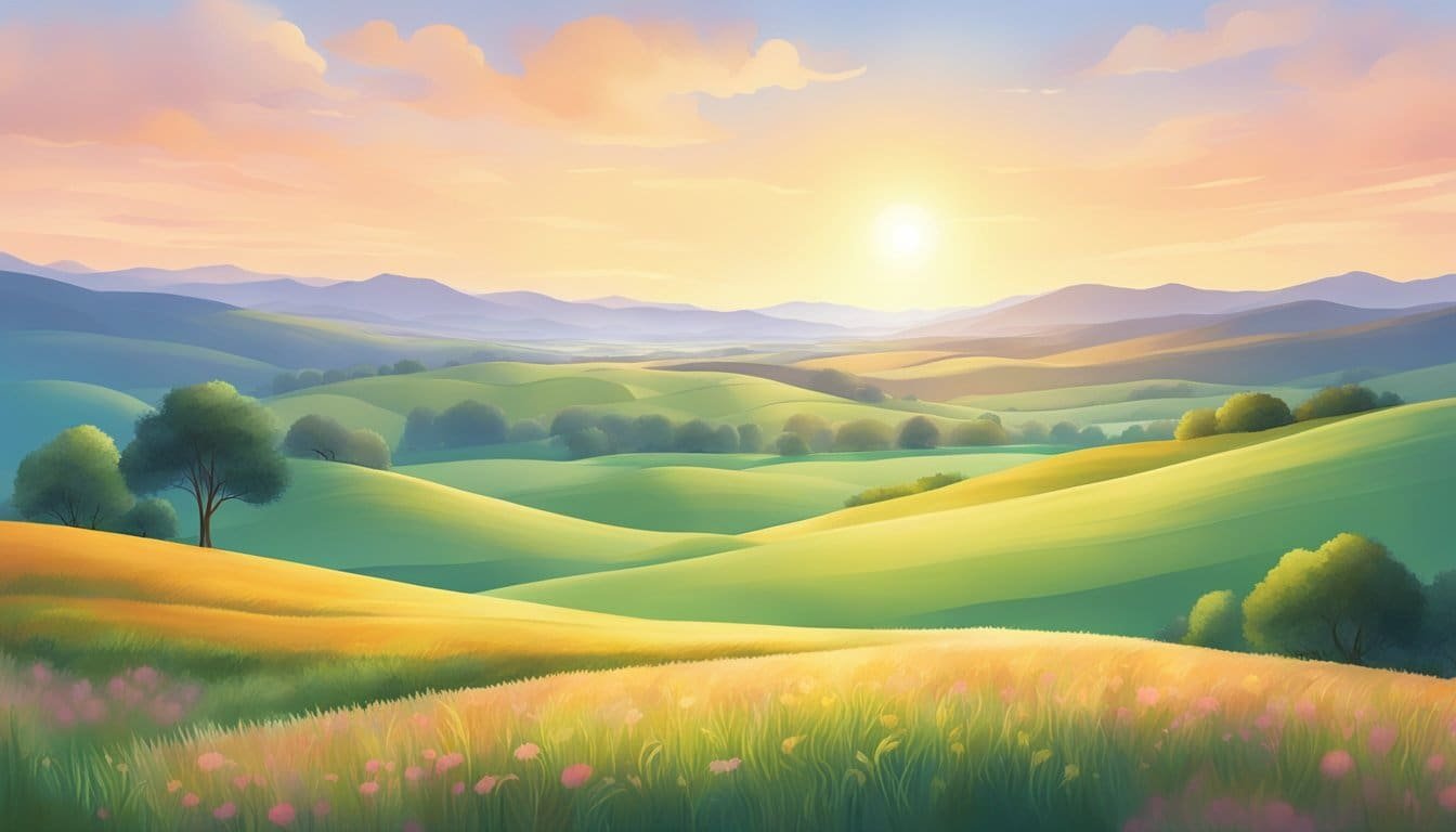 A bright, peaceful landscape with a clear sky, gentle rolling hills, and a sense of hope and fulfillment