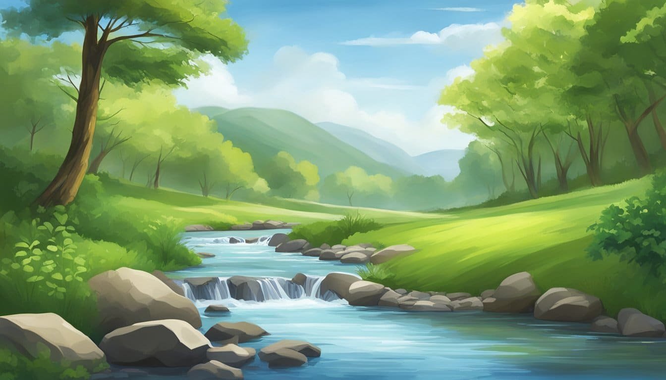 A serene landscape with a clear, flowing stream surrounded by lush greenery and a bright, peaceful sky above