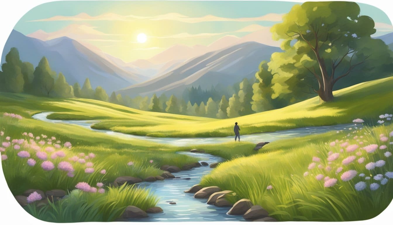 A serene, sunlit meadow with a peaceful stream, where a heavy burden is lifted and carried away by unseen hands