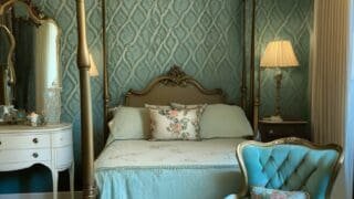 Featured image: Elegant antique bedroom with brass bed, lace curtains, and floral wallpaper, bathed in warm chandelier light